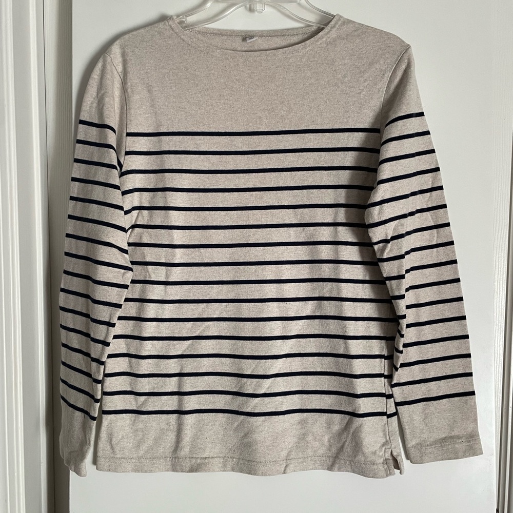 Uniqlo Cotton Classic Striped Long Sleeve Crew T Shirt Top Tan/ Black